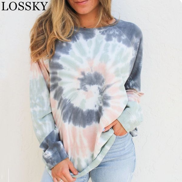 

autumn spring tie dye colorful print t shirt women casual harajuku friends round neck long sleeve streetwear ladies blusa 210520, White