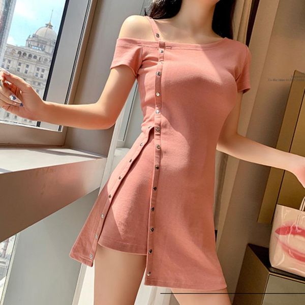 

casual dresses womengaga women diagonal collar off shoulder split mini dress summer short sleeve irregular metal breasted fqv8, Black;gray