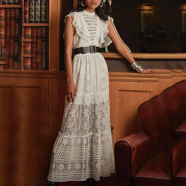 

casual dresses 2021 summer fashion est women's sleeveless ruffled white hollow out lace maxi long dress, Black;gray