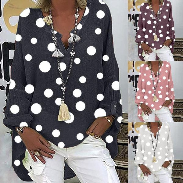 

fast delivery t-shirts women plus size casual long sleeve dot print loose v-neck ropa camisetas harajuku tshirt women's t-shirt, White