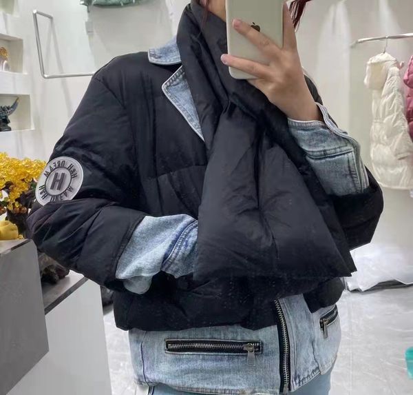 

down jacket 2021 winter small fashion denim splicing short thickened bib warm coat, Black