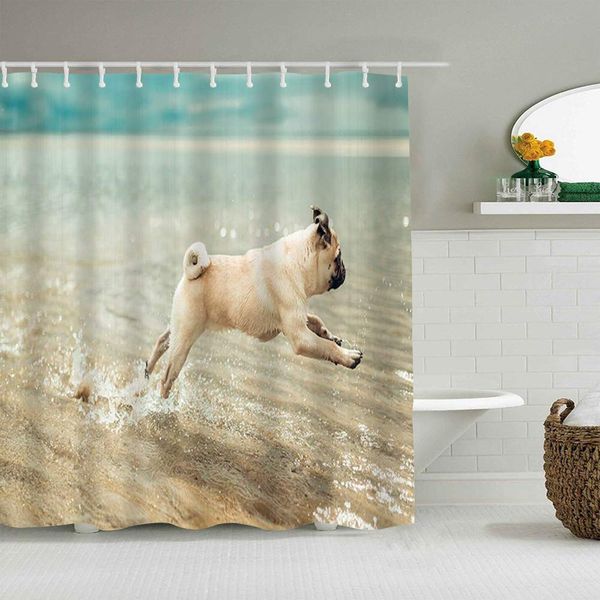 

shower curtain funny pug dog playing in sea waterproof bath liners hooks included -bathroom decorative ideas polyester fabric