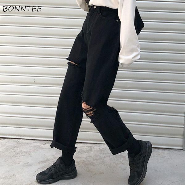 

jeans women denim hole zipper button pockets loose straight casual trousers korean trendy retro harajuku daily womens streetwear women', Blue
