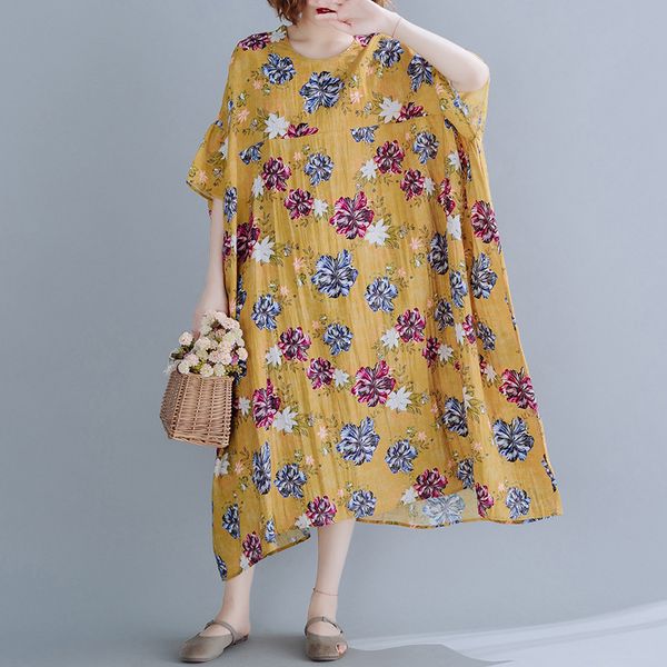 

johnature summer retro print flower dress casual o-neck loose comfortable half sleeve plus size women vintage dresses 210521, Black;gray