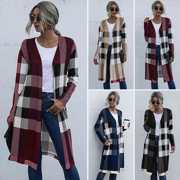 

women sweater cardigen lattice print jacket elegant loose shirt coat autumn winter lady casual long knit cardigan sweater jacket, White;black