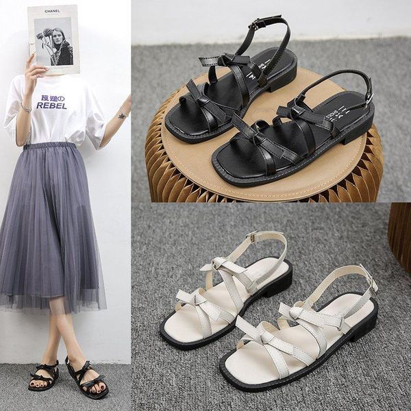 

sandals 2021 flat slippers women fashion square toe open outdoor casual shoes a, Black