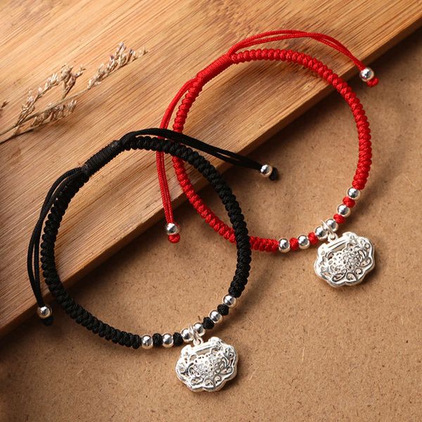

children's s925 silver long life lock woven red rope bracelet