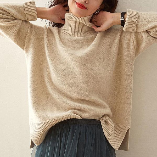 

women's sweaters autumn and winter sweater casual solid color high neck long sleeve loose, White;black