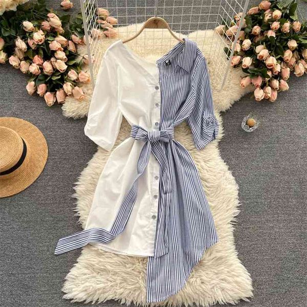 

summer fashion shirt vestidosv-neck asymmetrical contrast stitching temperament women's midi dress gk843 210507, Black;gray