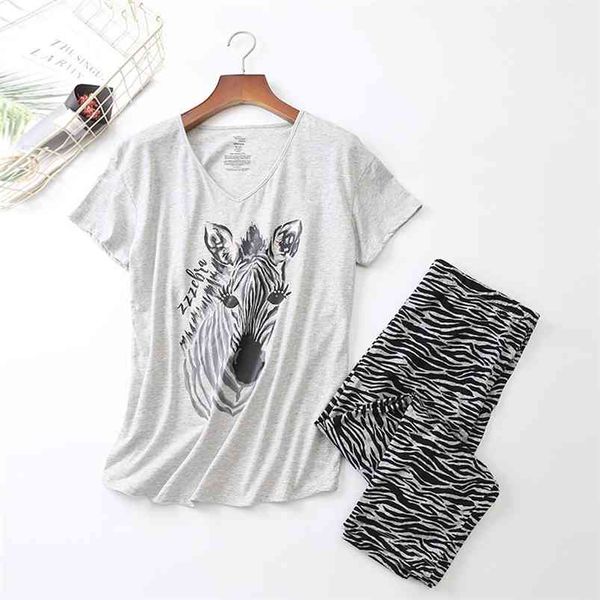 Pigiama di cotone Set Donna Stampa Cartoon Plus Big Pigiama T-shirt a maniche corte Femme Mom Pigiama Fashion Summer Sleepwear 210831