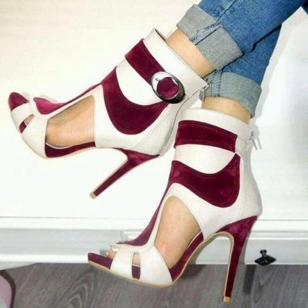 

sandals patchwork high heels stiletto vamp zip up cut out short booties peep toe banquet shoes for fall spring, Black