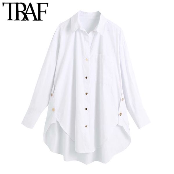 

women fashion with side buttons loose asymmetrical blouses vintage long sleeve pockets female shirts chic 210507, White