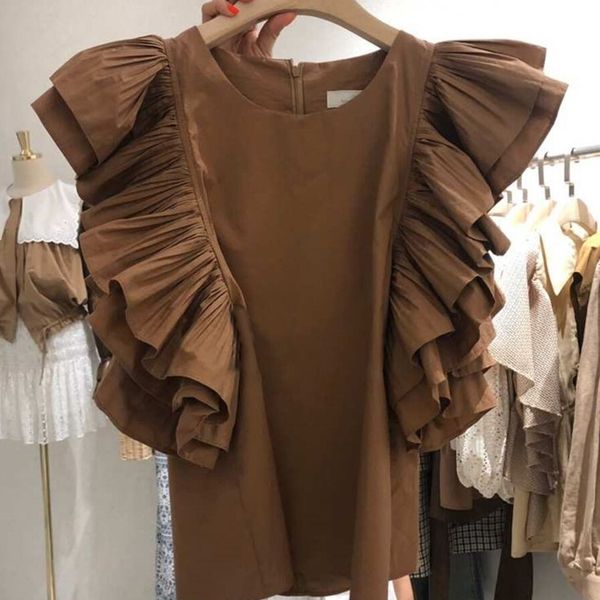 

elegant temperament gentle summer solid color brown round neck lace casual short-sleeved t-shirt women16f1319 210510, White