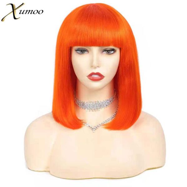 

lace wigs xumoo 13x4 front wig straight orange cosplay short bob cut with bangs cuticle aligned remy braizlian human hair, Black;brown