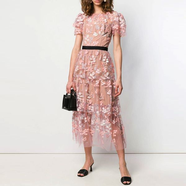 

dresses vestidos verano women pink long sequins cute see though flower embroidery mesh party dress christmas robe pull, Black;gray