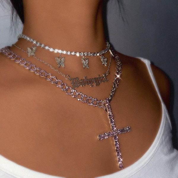 

chains iced out butterfly cross pendant chunky cuban link chain necklace jewelry crystal rhinestone multilayered choker 2021, Silver