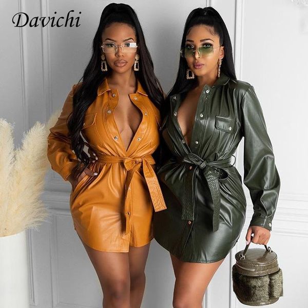 

casual dresses davichi faux pu leather dress long sleeve lapel high waist single row button pocket with belt ladies jacket short vestido fem, Black;gray