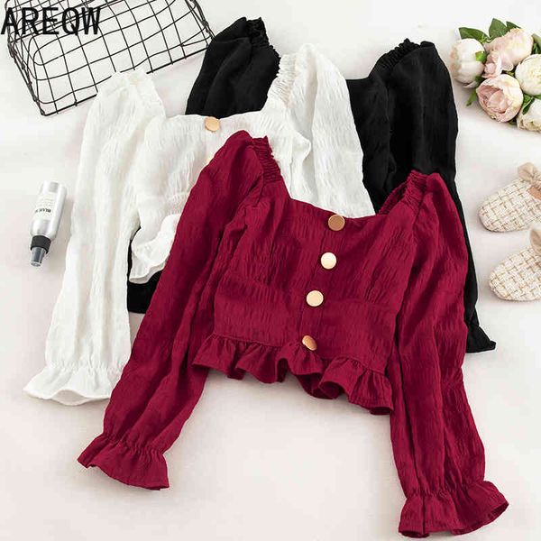 

spring summer ruffle long sleeve shirt slim black burgundy white blouse women blusas women 210507