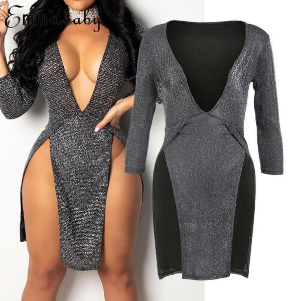 

casual dresses us women sequin deep v split bandage bodycon evening party club mini dress, Black;gray