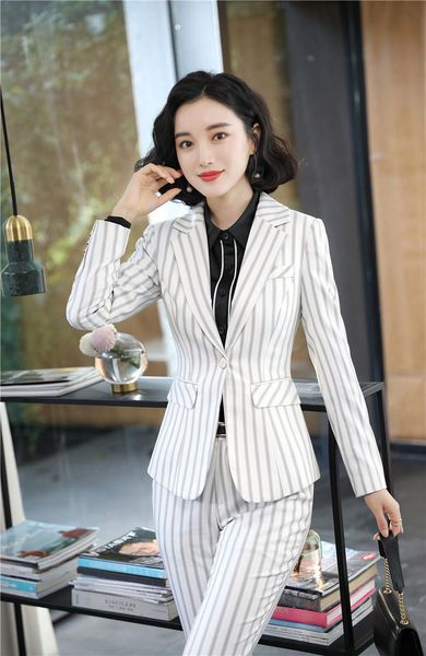 

fashion striped ol styles women pantsuits formal professional with pants and jackets coat for ladies office work wear blazers women's t, White