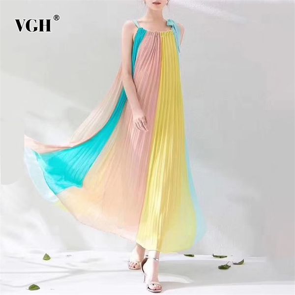 

hit color asymmetrical dress for women o neck sleeveless casual loose lace up bowknot pleated maxi dresses female summer 210531, Black;gray