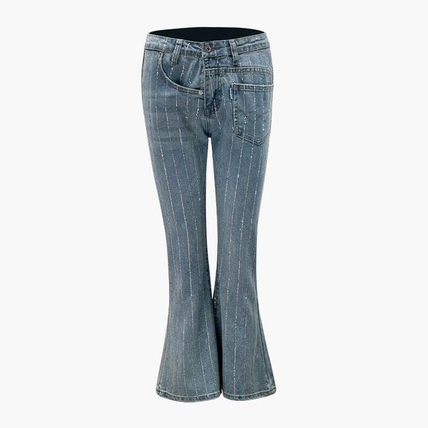 

women's pants & capris 2021 european designer mid waist denim flare for women rhinestone bell bottom skinny jeans female wide leg, Black;white