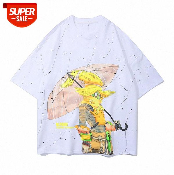 

american high street fashion simple print t-shirt character anime splash ink round neck short sleeve tee male #cb3x, White;black