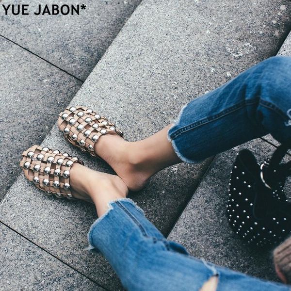 

leather beach sandals mules slip on rivet pearl crystal studded slippers women flat slides caged shoes plus size 44, Black