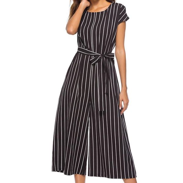 

straight jumpsuits women short sleeve ankle length pants playsuit fashion casual striped loose elegant office lady jumpsuit women's & r, Black;white