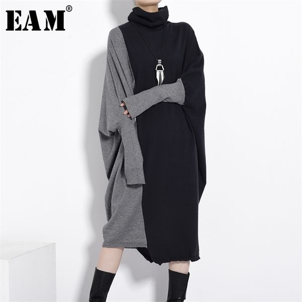 

[eam] women black gray knitting big size long dress new turtleneck long sleeve loose fit fashion tide autumn winter 1d67501 210329