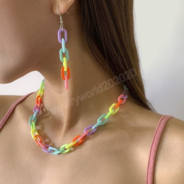 

colorful acrylic long chain jewelry set bohemia chunky plastic choker collar necklace earrings for women trendy accessories, Silver