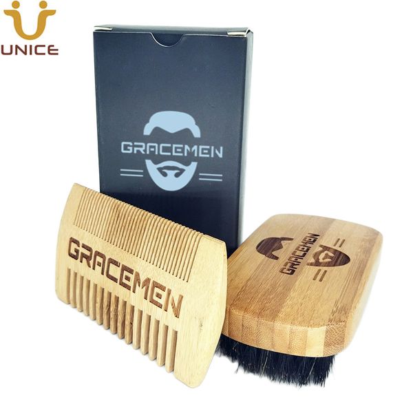 MOQ 100 conjuntos OEM personalizam logotipo eco-friendly bambu cabelo facial / barba kits de grooming com caixa personalizada para escova de barba de homem penteado duplo lado