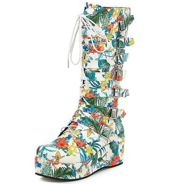 

boots fanyuan plus size 33-46 wedge high heels buckles shoes woman female platform mid calf women, Black
