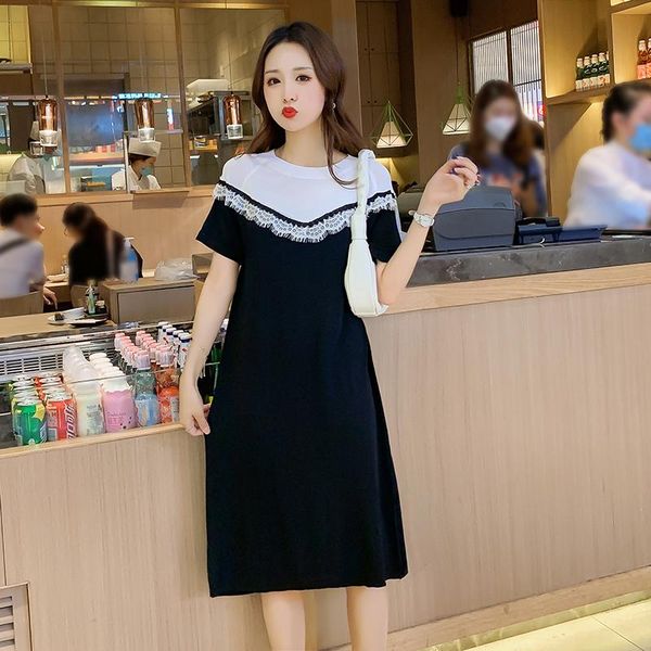 

maternity dresses 299# dress summer short sleeves lace patchwork easy matching loose stylish pregnant women mom, White