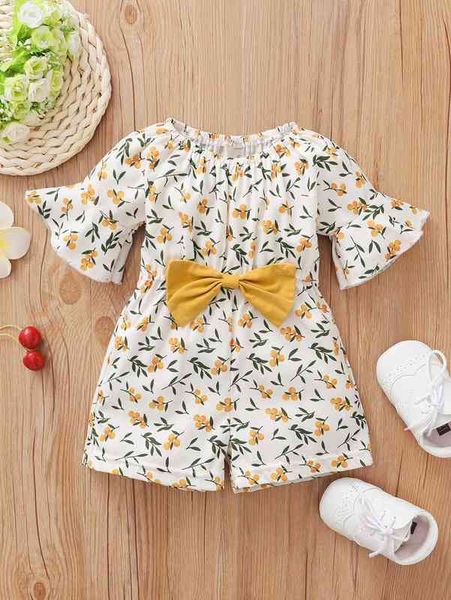 

baby plant print flounce sleeve bow front romper she, Blue