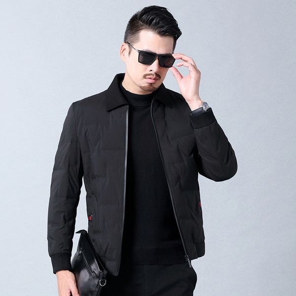 

Down jacket men's winter 2021 casual white downs middle aged Lapel solid color fashion coat, Black