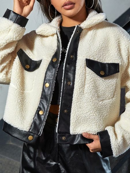 

contrast panel flap pocket drop shoulder teddy jacket l8ko#, Black;brown