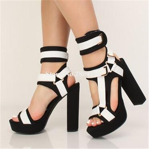 

summer est fashion open toe suede leather high platform chunky heel sandals ankle strap buckles thick, Black