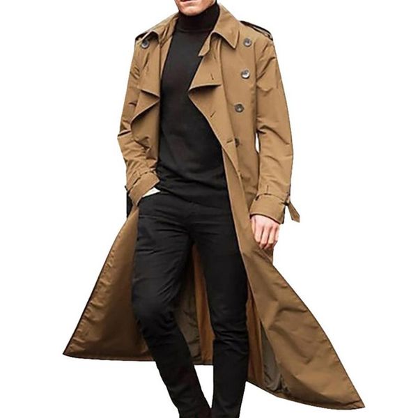 

men's trench coats streetwear men long coat autumn winter warm vintage jacket sleeve solid overcoat fashion clothes casual slim outwear, Tan;black