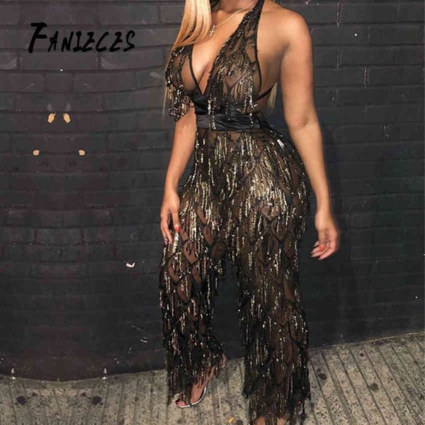 Fanieces Moda Backless Jumpsuit Macacão Lantejoulas Tassel Sexy Nightclub desgaste Bodysuit Bandagem Slim Playsuit Mulheres Macacao 210520