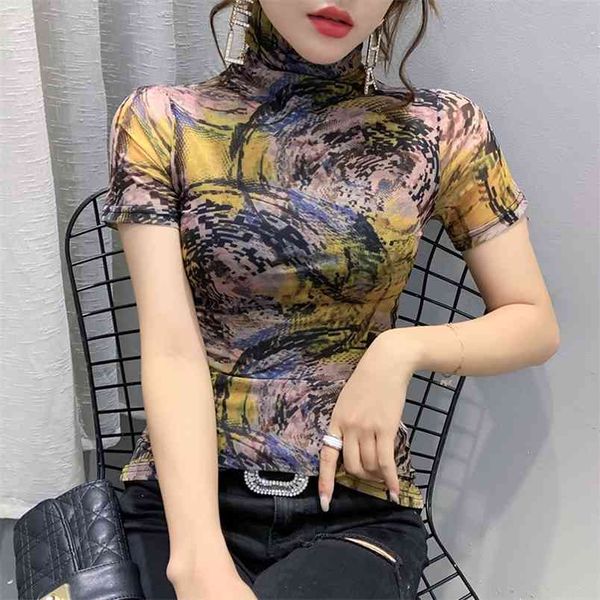 

short sleeve tee shirt femme t shirt women clothes turtleneck print female t-shirt summer casual 210507, White