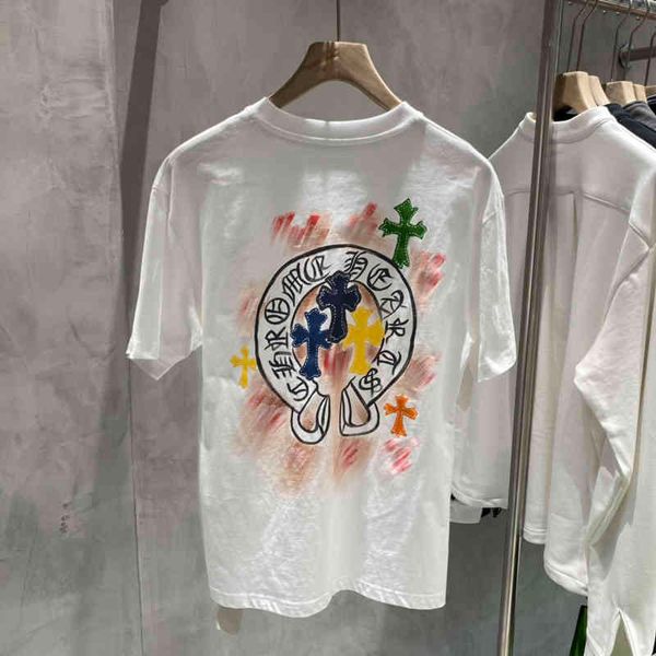 

brand fhting fashion brand ch cro new horseshoe cross color graffiti print round neck cotton trend t-shirt, White;black