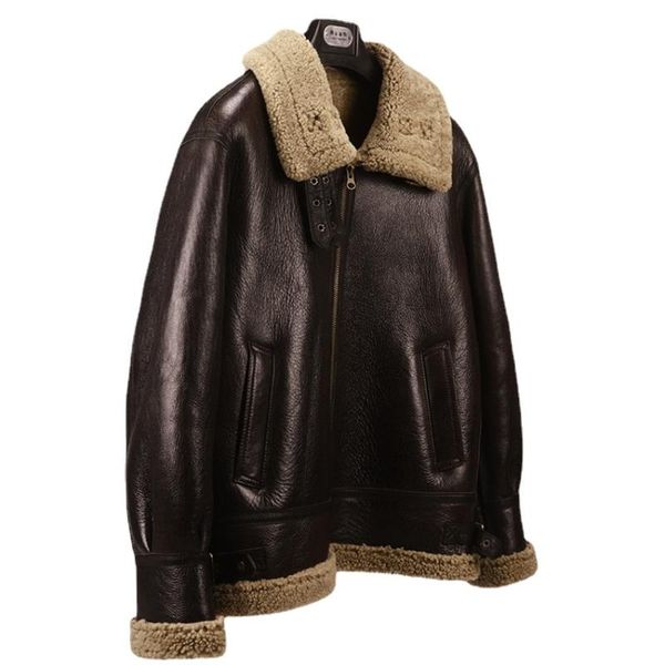 

men's leather & faux mens winter real fur casual jackets sheepskin coat men lamb short flight jacket 5xl, Black