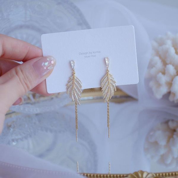 

stud exquisite design women's gold leaf tassel earrings metal micro shop zircon bohemian jewelry accessories, Golden;silver