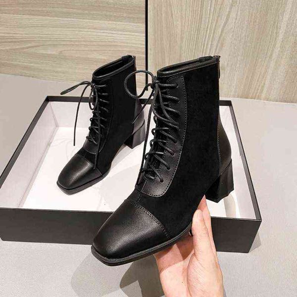 

dress shoes high heels 52915 shoesrt 2022 middle s fall and winter versatile thin square head thick heel lace up martin boot, Black