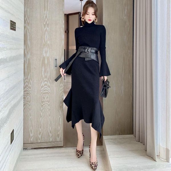 

casual dresses 2021 woman long flare sleeve black red sweater dress ladies with belt trumpet corset autumn winter sheer knitted, Black;gray