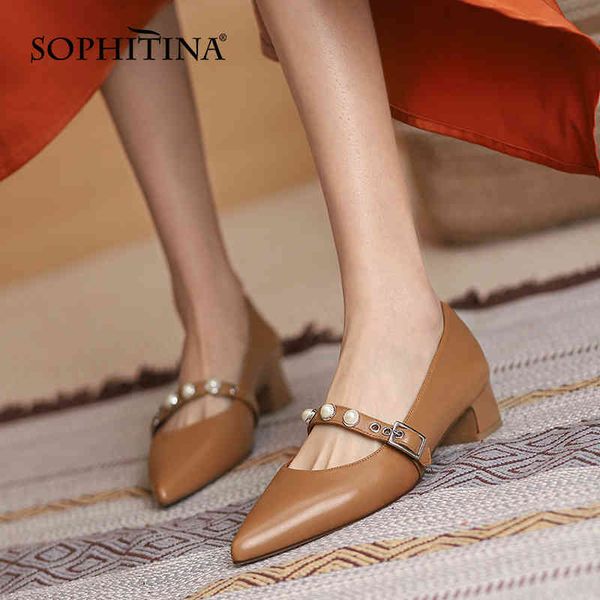 

sophitina women's shoes low-heeled leather pointed square pin buckle shoes high-quality casual pearl female pumps ao215 210513, Black