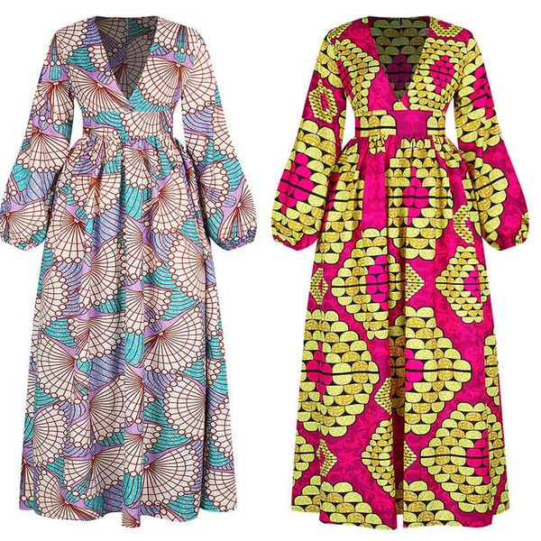 

ethnic style woman dress dashiki african casual womens maxi dresses print vintage high waist party dress long sleeve 210524, Red