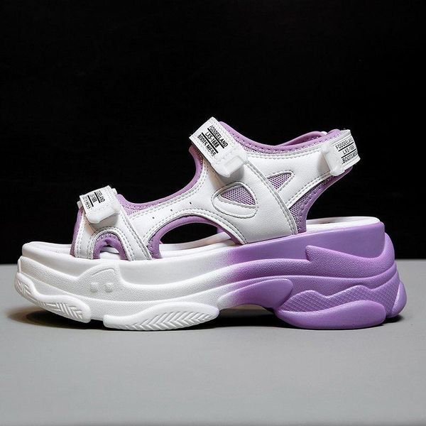 

women platform chunky sandals summer brand ins ulzzang fashion casual wedges shoes for woman sports purple leather sandal, Black