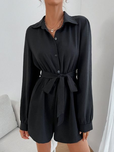 

solid button front belted romper v3jd#, White
